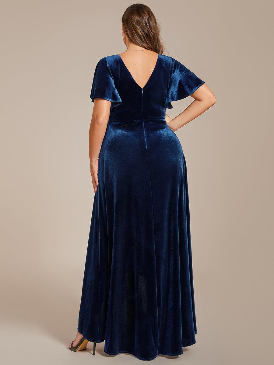GRANDE TAILLE Robe de soirée en velours extensible à double col en V et manches courtes avec ourlet en feuille de lotus #Couleur_Bleu Marine GRANDE TAILLE Robe de soirée en velours extensible à double col en V et manches courtes avec ourlet en feuille de lotus