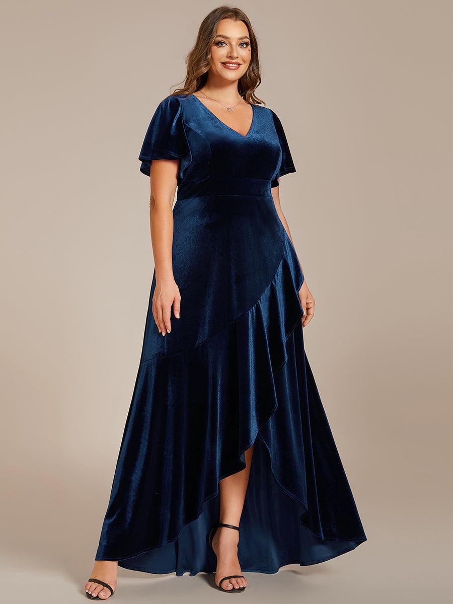 GRANDE TAILLE Robe de soirée en velours extensible à double col en V et manches courtes avec ourlet en feuille de lotus #Couleur_Bleu Marine GRANDE TAILLE Robe de soirée en velours extensible à double col en V et manches courtes avec ourlet en feuille de lotus