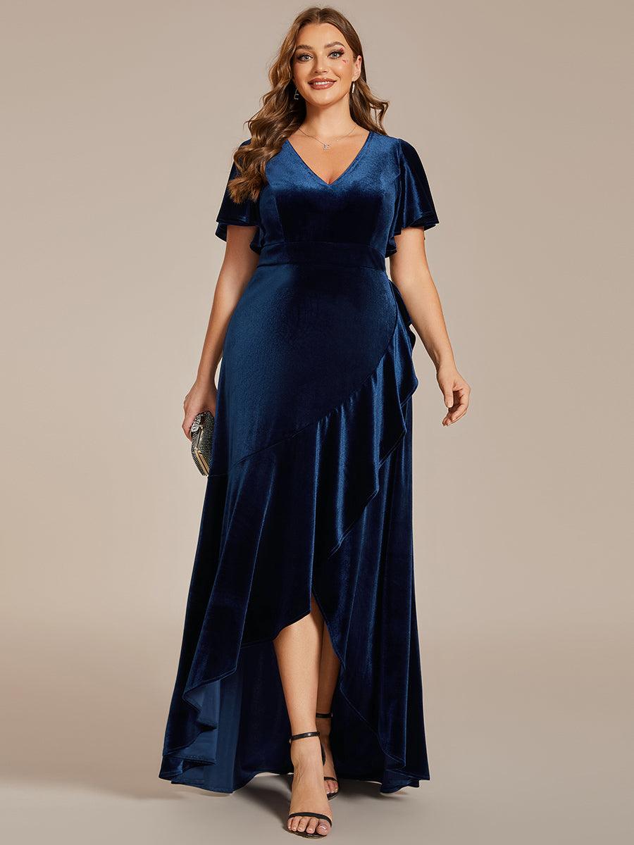 GRANDE TAILLE Robe de soirée en velours extensible à double col en V et manches courtes avec ourlet en feuille de lotus #Couleur_Bleu Marine