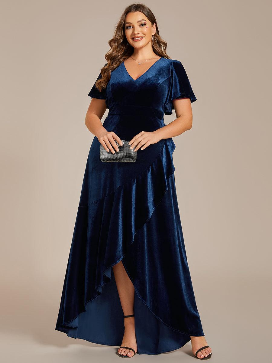 GRANDE TAILLE Robe de soirée en velours extensible à double col en V et manches courtes avec ourlet en feuille de lotus #Couleur_Bleu Marine GRANDE TAILLE Robe de soirée en velours extensible à double col en V et manches courtes avec ourlet en feuille de lotus