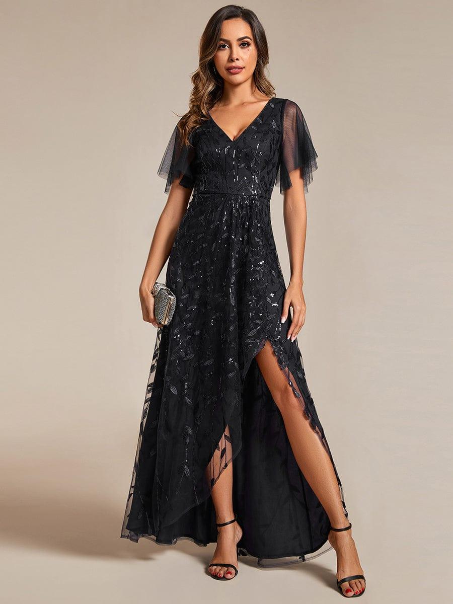 Robes de soirée pailletées à col en V et fente haute #Couleur_Noir