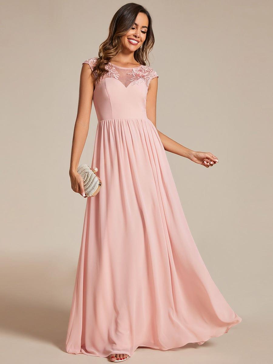 Robe de soirée trapèze à manches courtes et col rond en mousseline de soie avec imprimé sur les épaules #Couleur_Rose