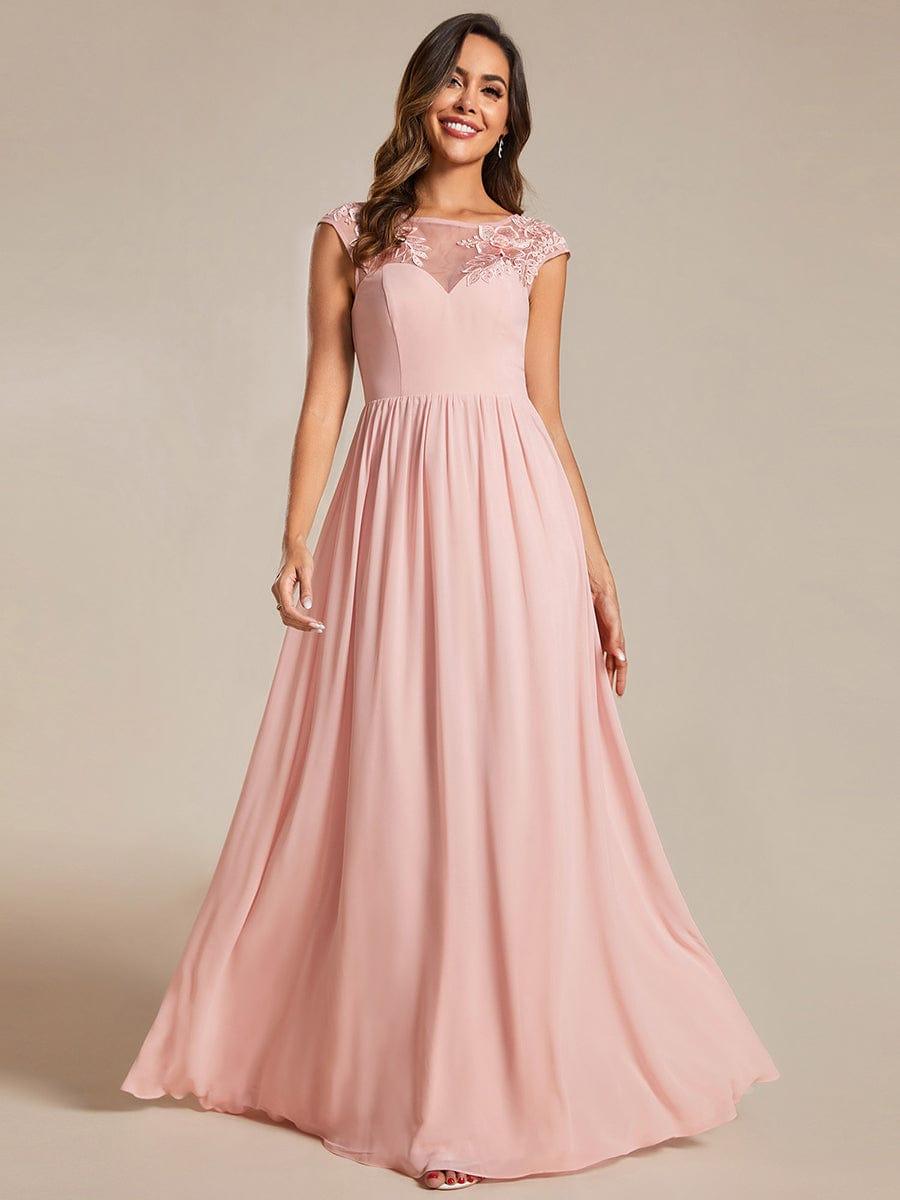 Robe de soirée trapèze à manches courtes et col rond en mousseline de soie avec imprimé sur les épaules #Couleur_Rose