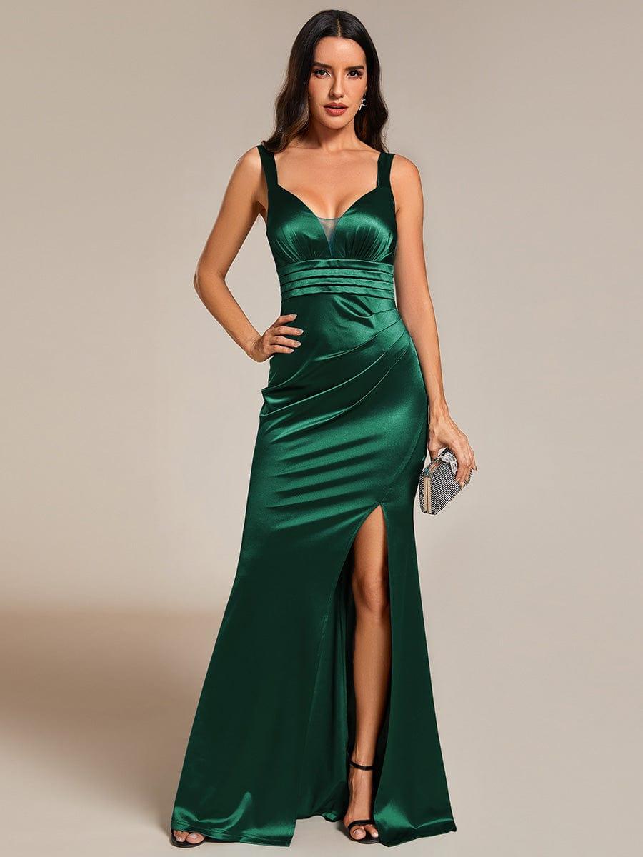 Robe de soirée plissée en satin à fente haute et col en V à bretelles spaghetti #Couleur_Vert Fonce