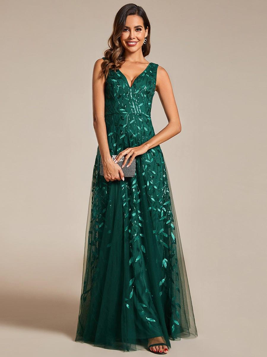 Robes de soirée trapèze pailletées sans manches à col en V #Couleur_Vert Fonce