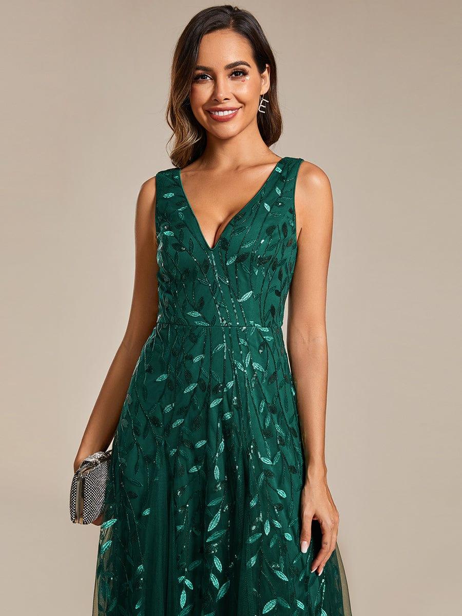 Robes de soirée trapèze pailletées sans manches à col en V #Couleur_Vert Fonce