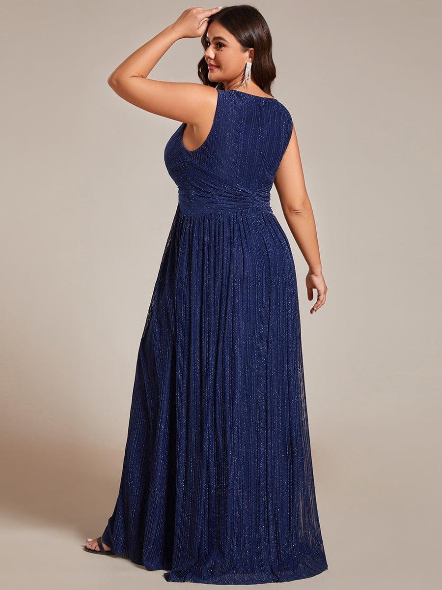 Robe de soirée trapèze sans manches à col en V de grande taille avec des paillettes subtiles #Couleur_Bleu Marine