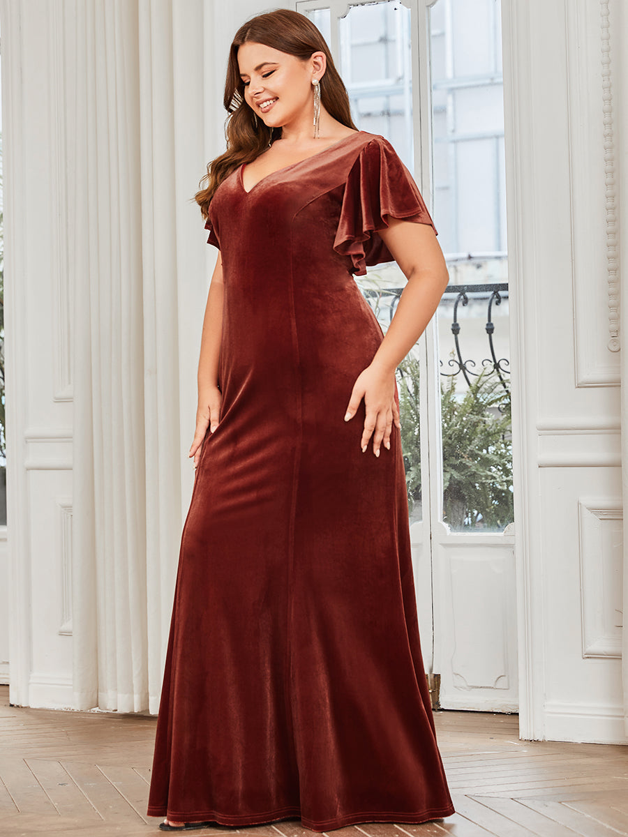 Robe de soirée moulante en velours à manches volantées et longueur au sol Grande taille #Couleur_Vert Fonce Robe de soirée moulante en velours à manches volantées et longueur au sol Grande taille