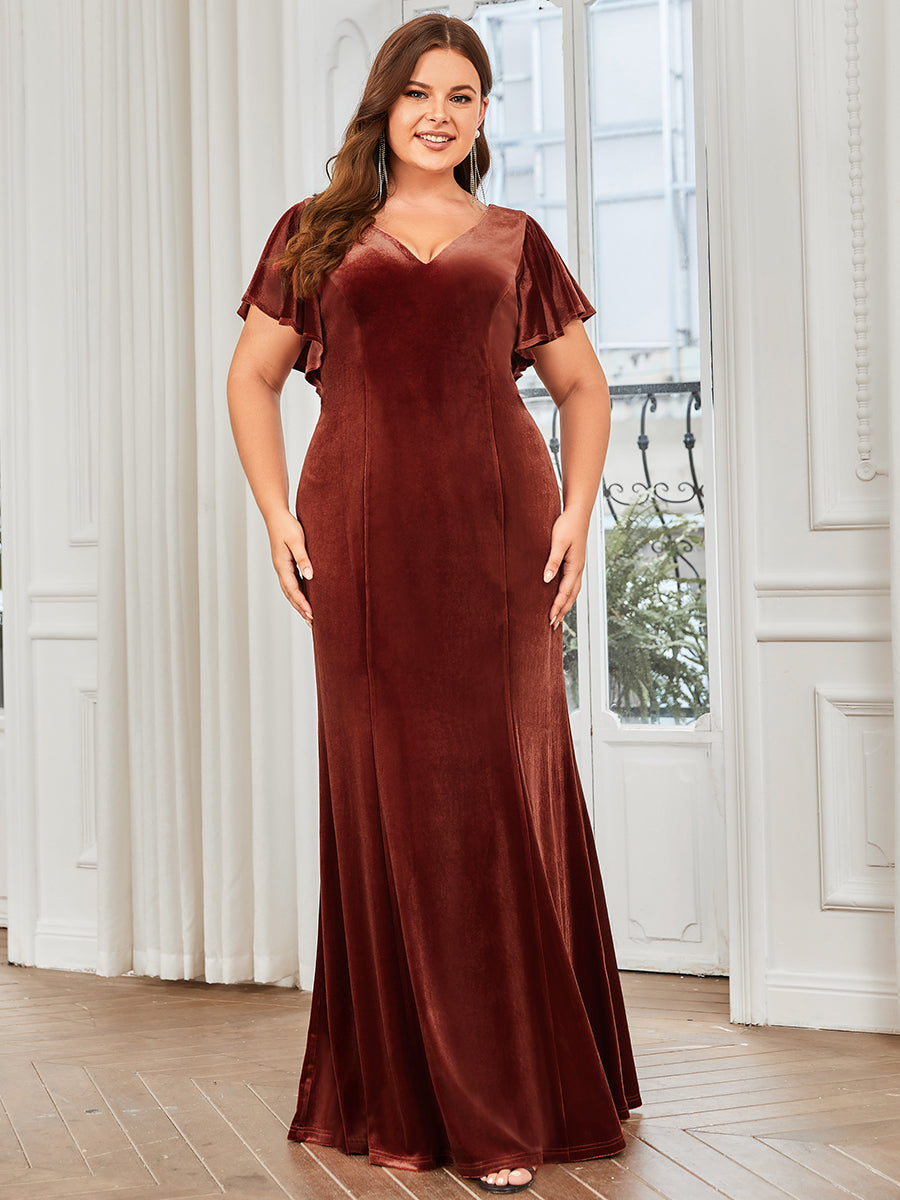 Robe de soirée moulante en velours à manches volantées et longueur au sol Grande taille #Couleur_Vert Fonce Robe de soirée moulante en velours à manches volantées et longueur au sol Grande taille
