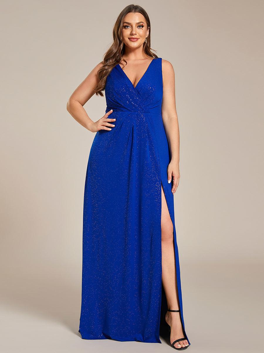 Robe de soirée formelle brillante à col en V et fente latérale de grande taille #Couleur_Bleu Saphir