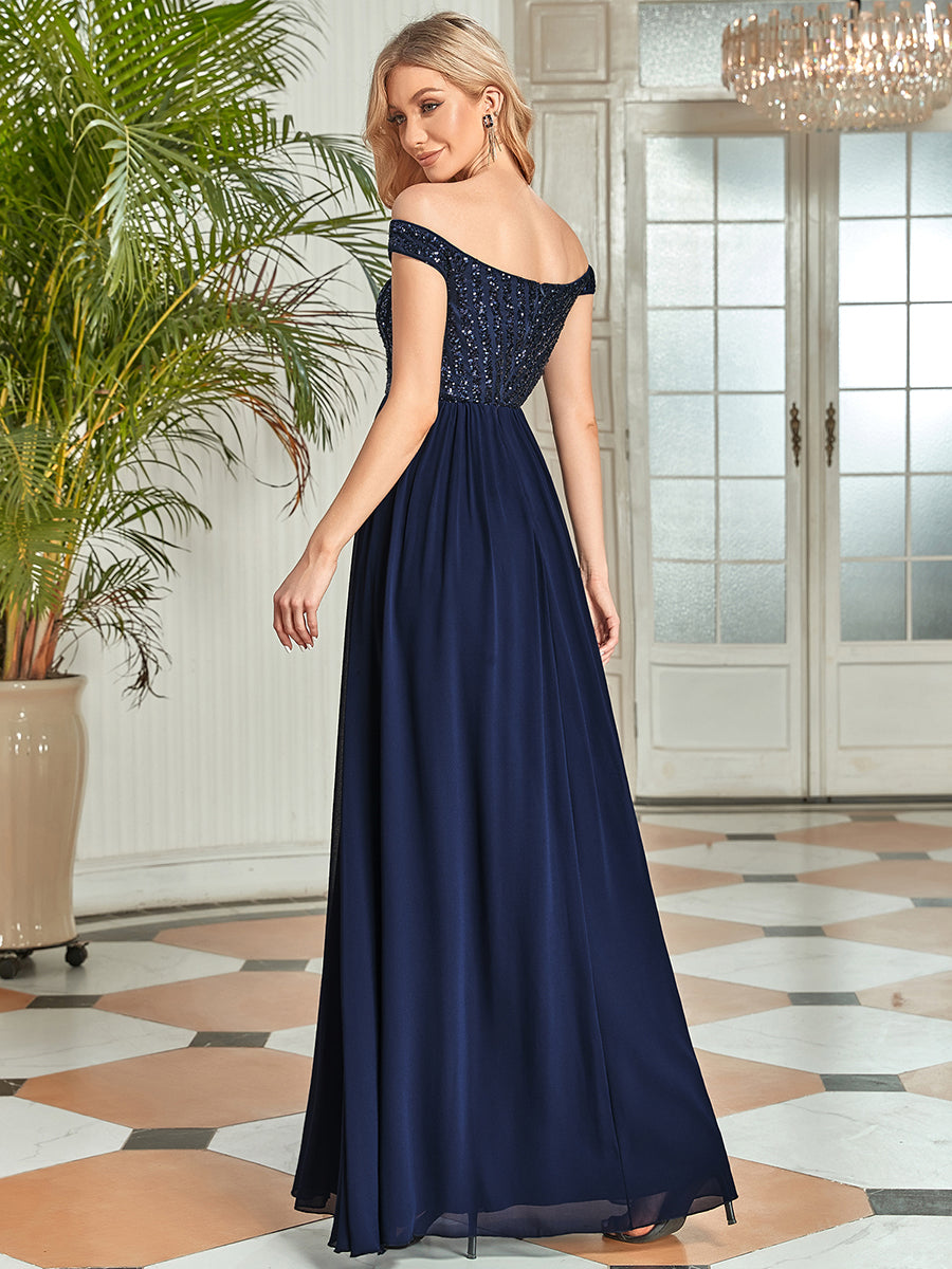 Superbe paillette brillante une ligne robe de soirée longueur au sol à épaules dénudées #Couleur_Bleu Marine
