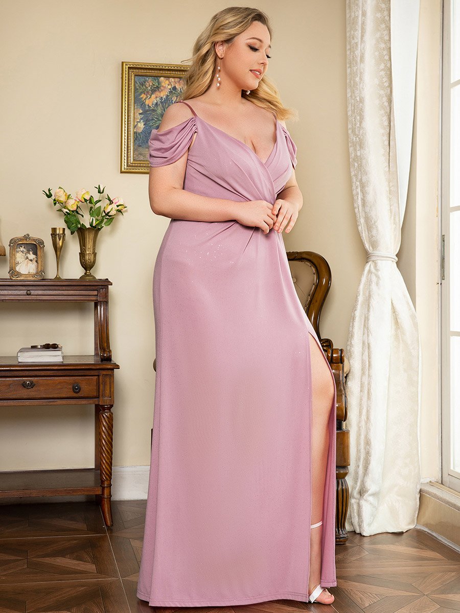 Robe de soirée grande taille fendue à épaules dénudées et à encolure en V #Couleur_Orchidee Robe de soirée grande taille fendue à épaules dénudées et à encolure en V