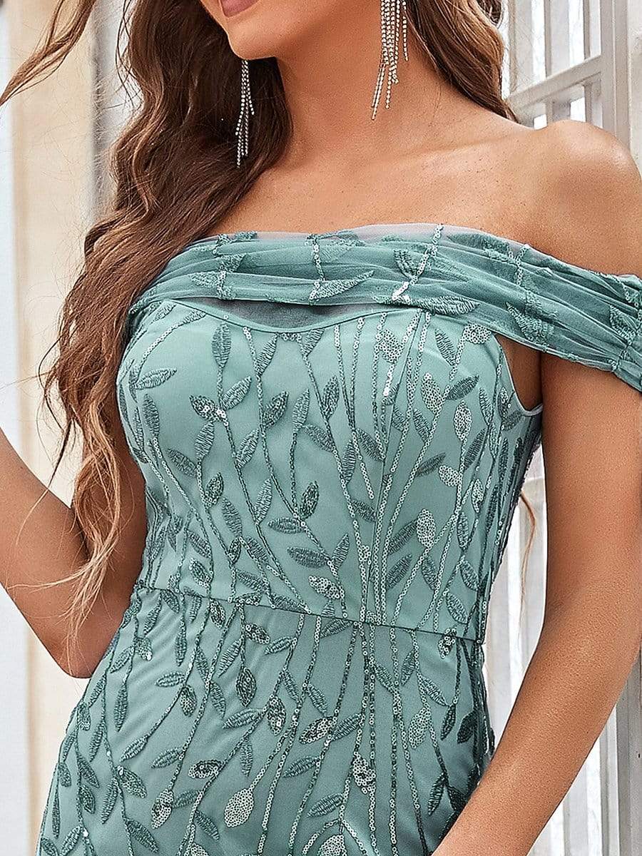 Robe de soirée à paillettes fleuries à épaules dénudées #Couleur_Bleu Fume Robe de soirée à paillettes fleuries à épaules dénudées