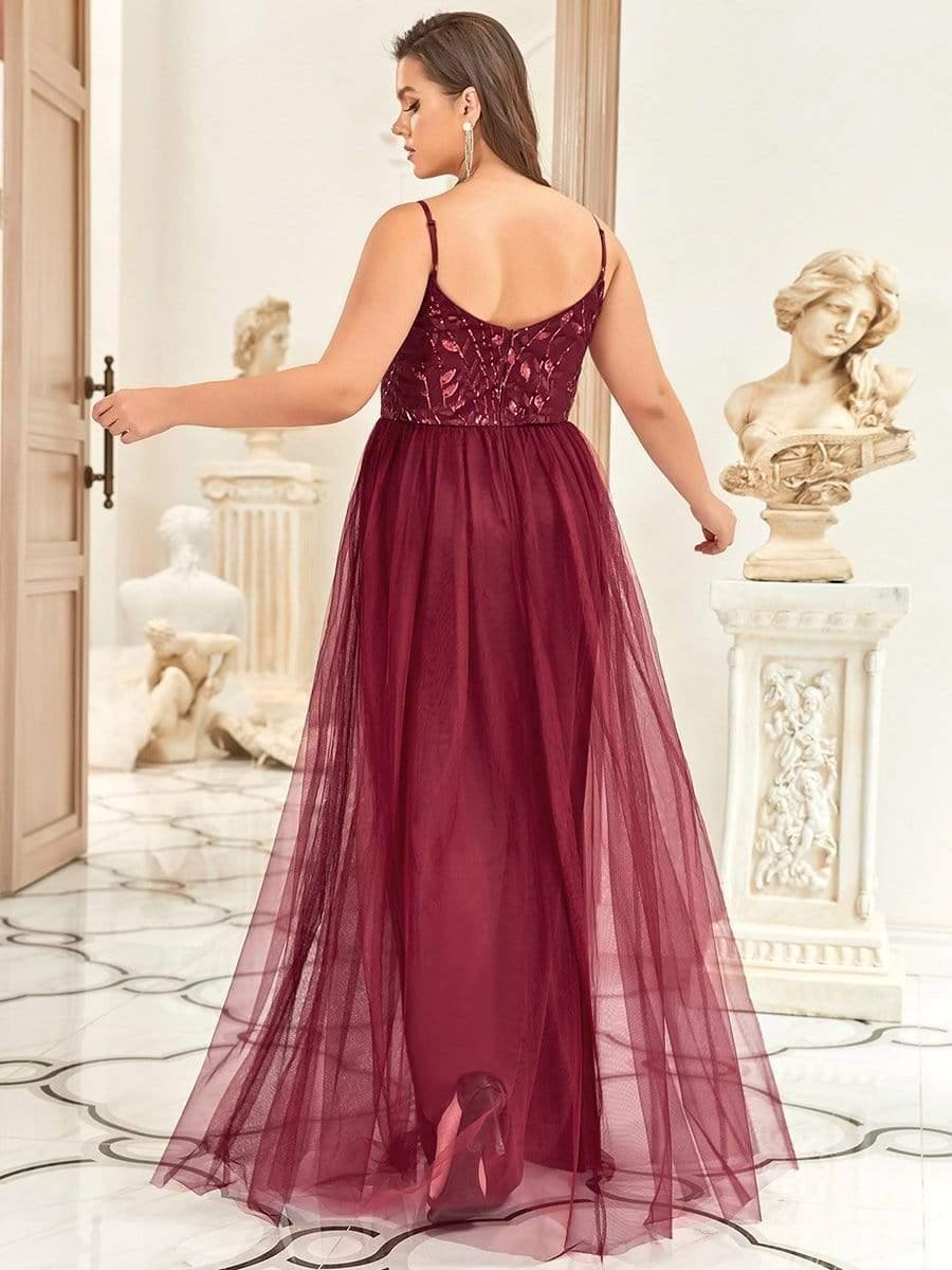 Robe mariage invitée maxi à bretelles minces à sequins et à col en V grande taille #Couleur_Bordeaux