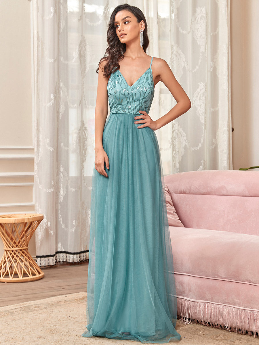 Taille personnalisée Robe de soirée Tulle Col V bretelles fines #Couleur_Bleu Marine Taille personnalisée Robe de soirée Tulle Col V bretelles fines