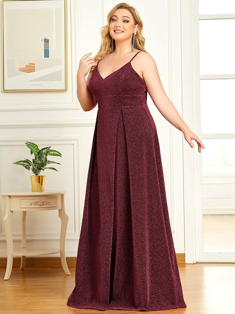 Robe de Soirée Maxi à Bretelles Spaghetti Vintage à Col en V et à Paillettes de Grande Taille #Couleur_Bordeaux Robe de Soirée Maxi à Bretelles Spaghetti Vintage à Col en V et à Paillettes de Grande Taille