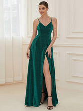 Robe de Bal longue col en V et bretelles fines scintillantes #Couleur_Vert Fonce