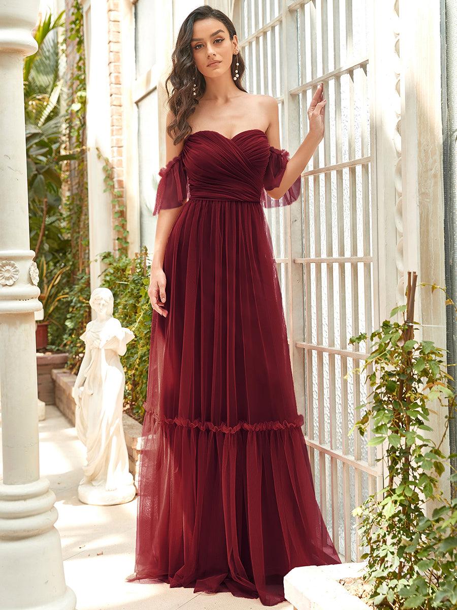 Robe de soirée en tulle plissée à épaules dénudées #Couleur_Bordeaux