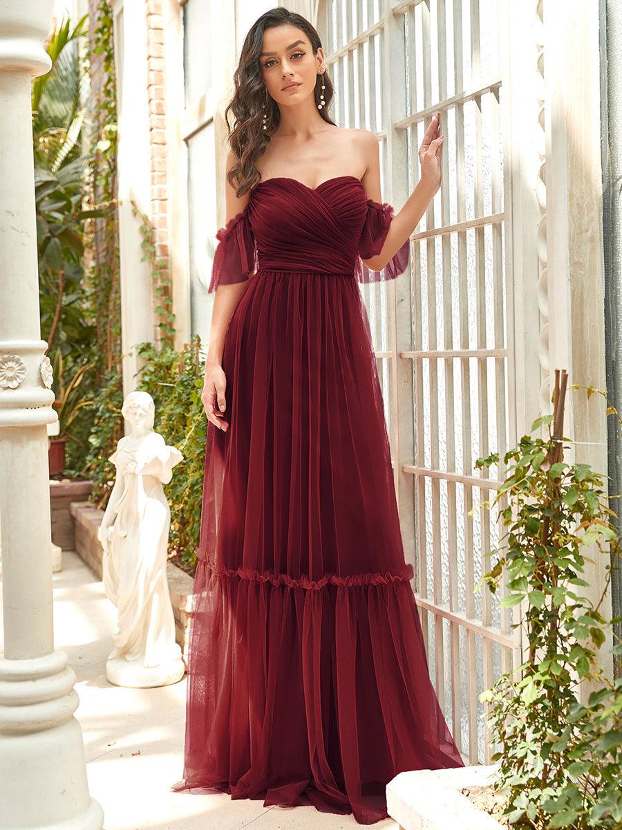 Taille personnalisée Robe de soirée Tulle plissée épaules dénudées #Couleur_Burnt orange Taille personnalisée Robe de soirée Tulle plissée épaules dénudées
