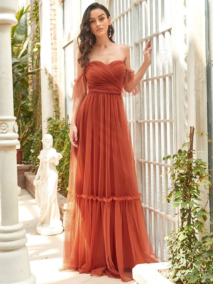 Robe de soirée en tulle plissée à épaules dénudées #Couleur_Burnt orange