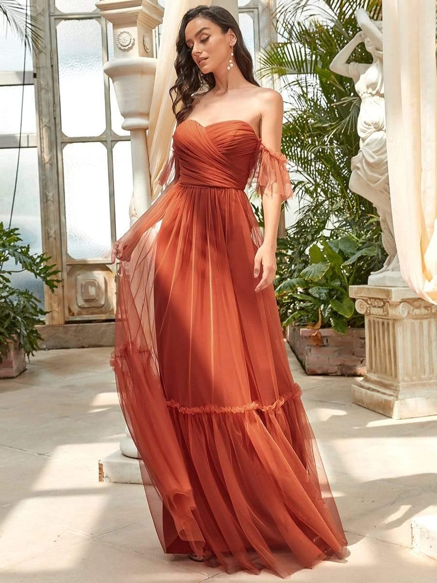Robe de soirée en tulle plissée à épaules dénudées #Couleur_Burnt orange