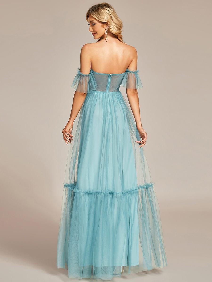 Robe Mariage Invitée en tulle plissée à épaules dénudées #Couleur_Bleu Fume