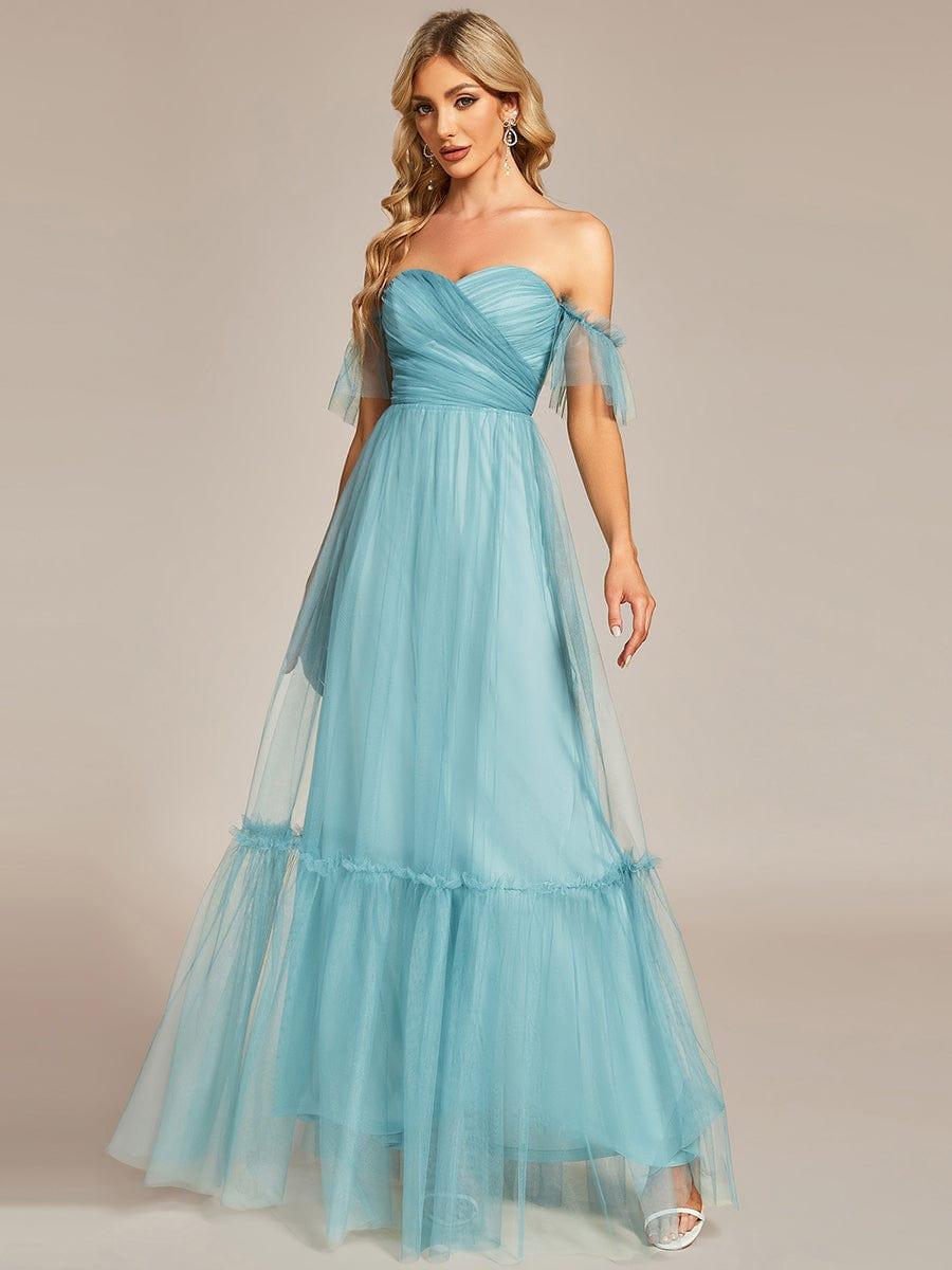 Robe Mariage Invitée en tulle plissée à épaules dénudées #Couleur_Bleu Fume