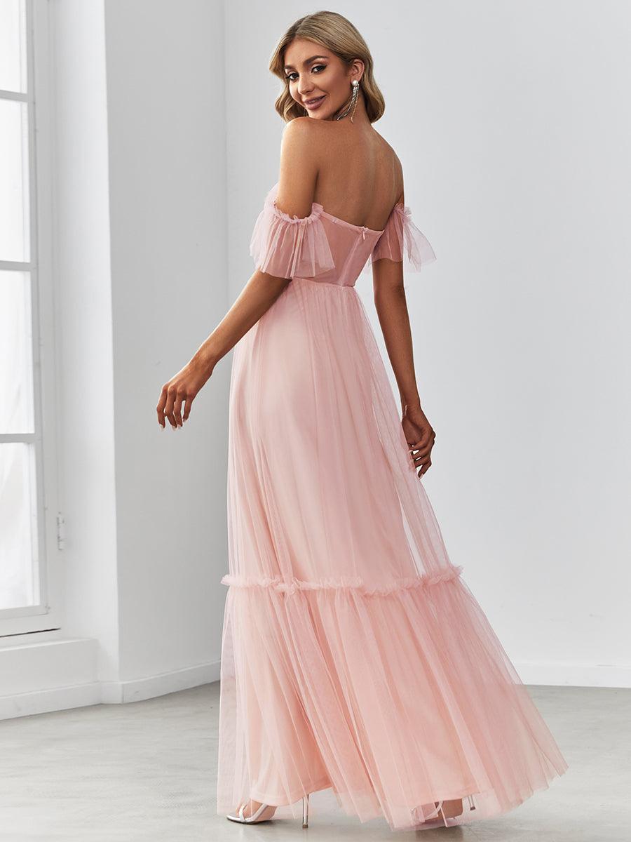 Robe de soirée en tulle plissée à épaules dénudées #Couleur_Rose
