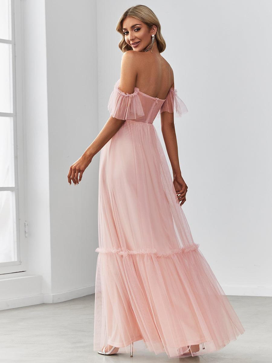 Robe Mariage Invitée en tulle plissée à épaules dénudées #Couleur_Rose