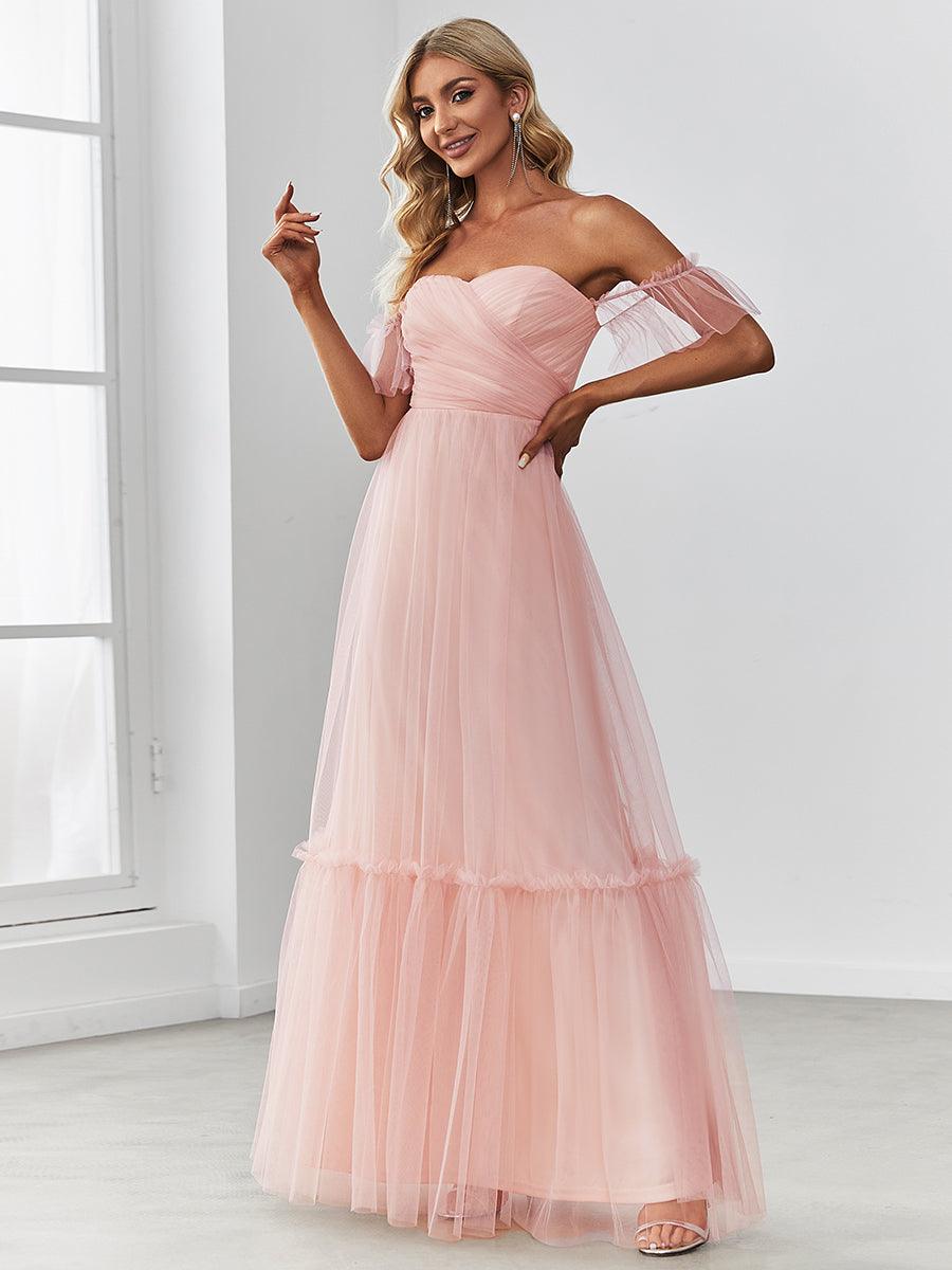 Robe de soirée en tulle plissée à épaules dénudées #Couleur_Rose