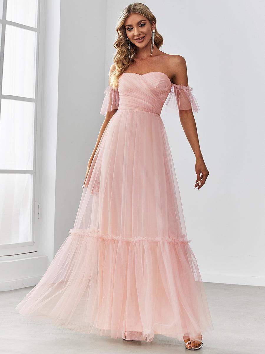 Robe Mariage Invitée en tulle plissée à épaules dénudées #Couleur_Rose
