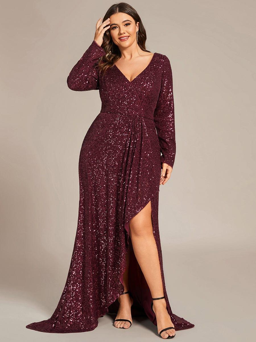 Robe de soir¨¦e manches longues col en V ¨¤ sequins ourlet asym¨¦trique #Couleur_Bordeaux