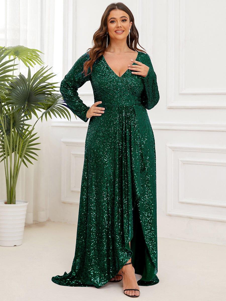 Robe de soir¨¦e manches longues col en V ¨¤ sequins ourlet asym¨¦trique #Couleur_Vert Fonce