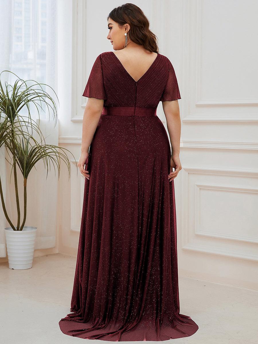 Robe de soirée grande taille manches courtes et col en V #Couleur_Bordeaux