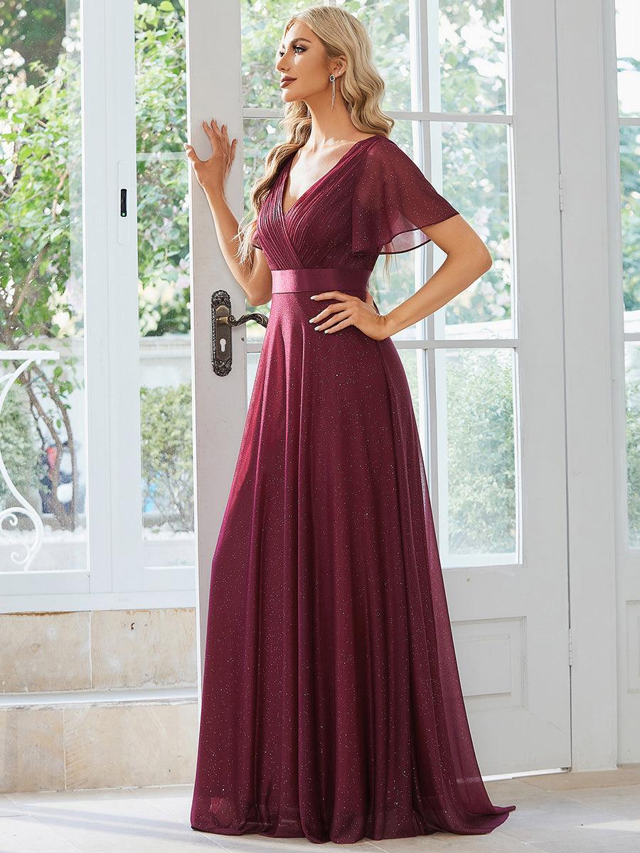 Robe de soirée longue scintillante à col en V et à manches flottantes #Couleur_Bordeaux