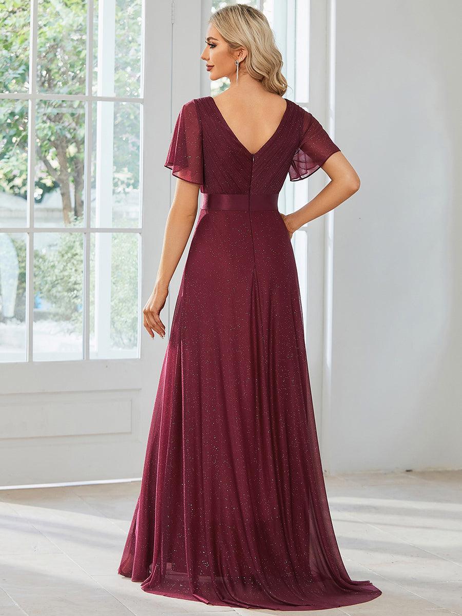 Robe de soirée longue scintillante à col en V et à manches flottantes #Couleur_Bordeaux