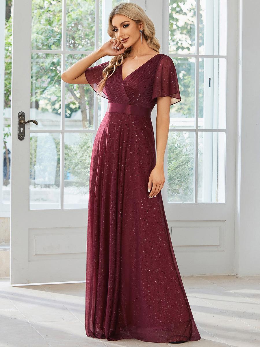 Robe de soirée longue scintillante à col en V et à manches flottantes #Couleur_Bordeaux