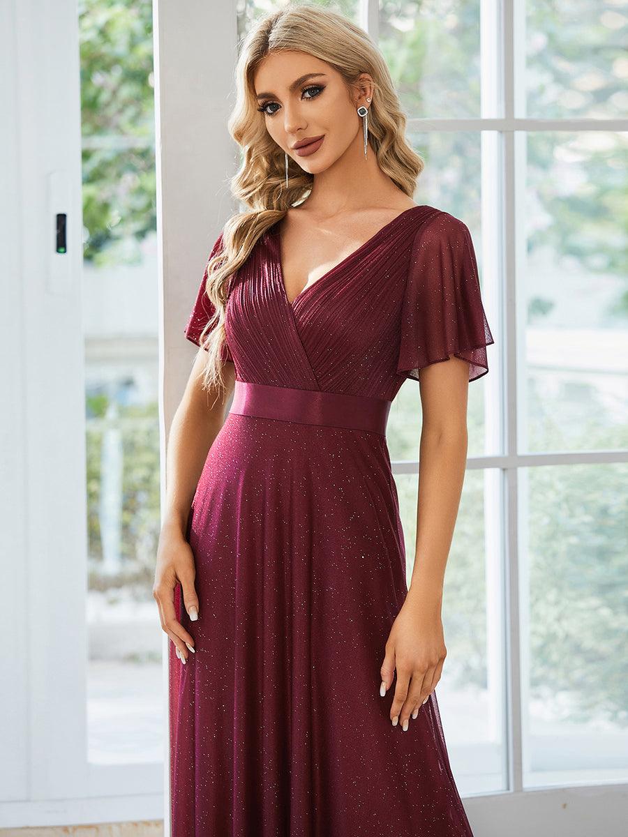 Robe de soirée longue scintillante à col en V et à manches flottantes #Couleur_Bordeaux