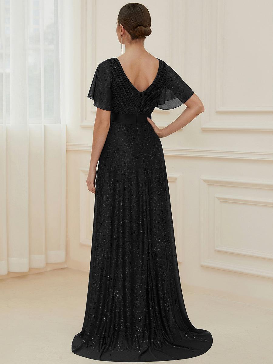 Robe de soirée longue scintillante à col en V et à manches flottantes #Couleur_Noir