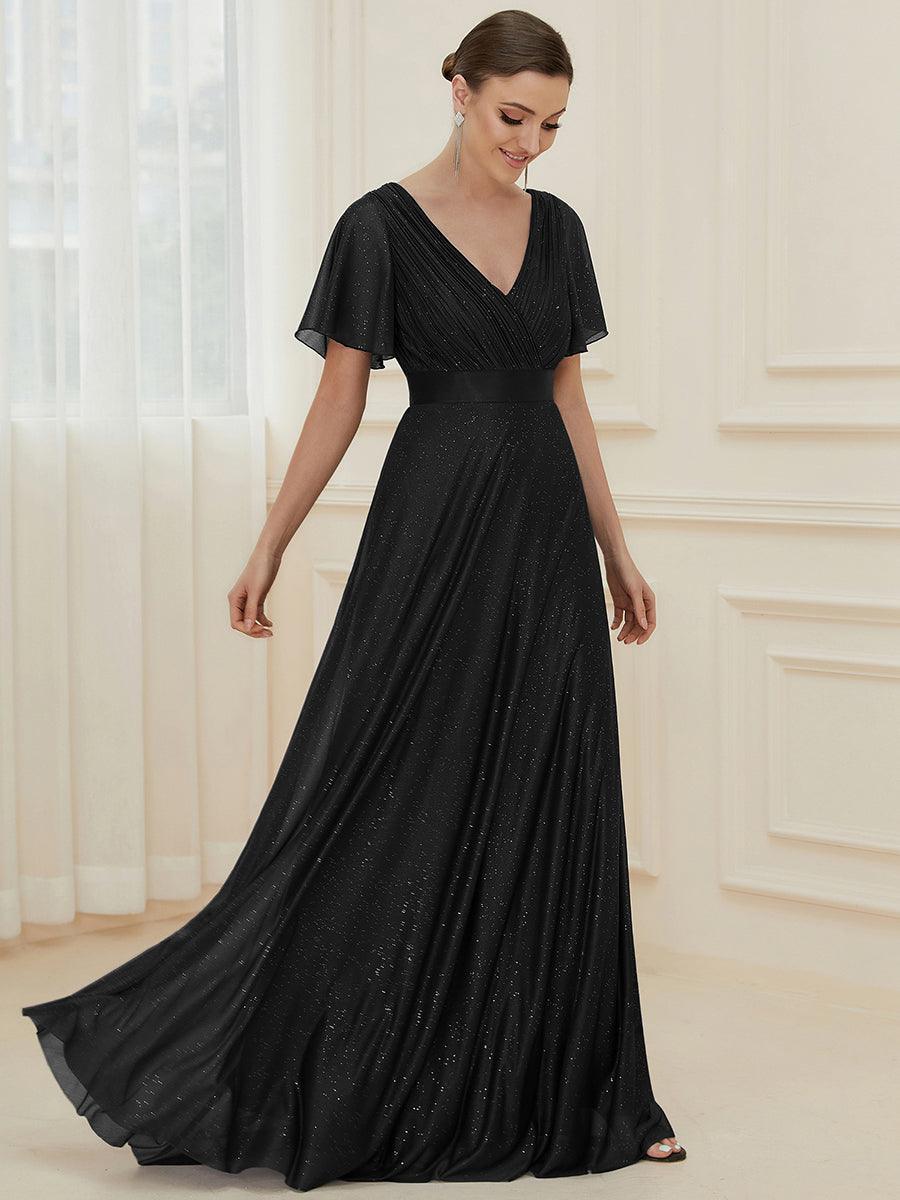 Robe de soirée longue scintillante à col en V et à manches flottantes #Couleur_Noir