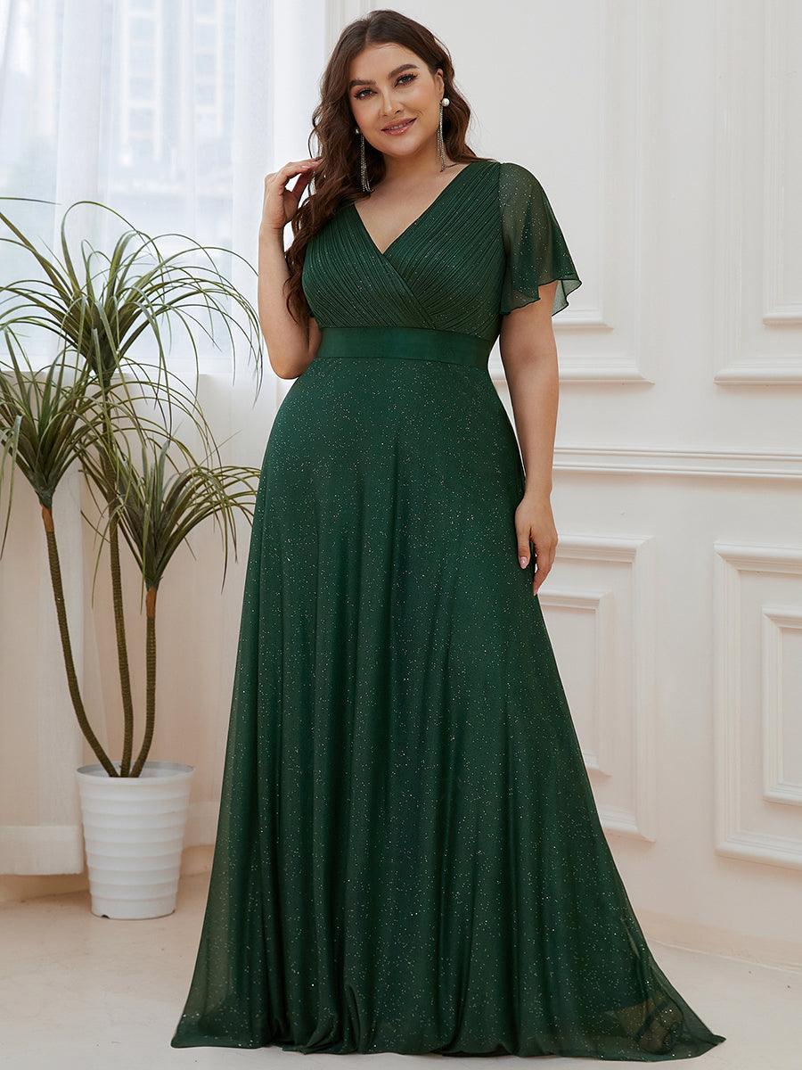 Robe de soirée longue scintillante à col en V et à manches flottantes #Couleur_Vert Fonce