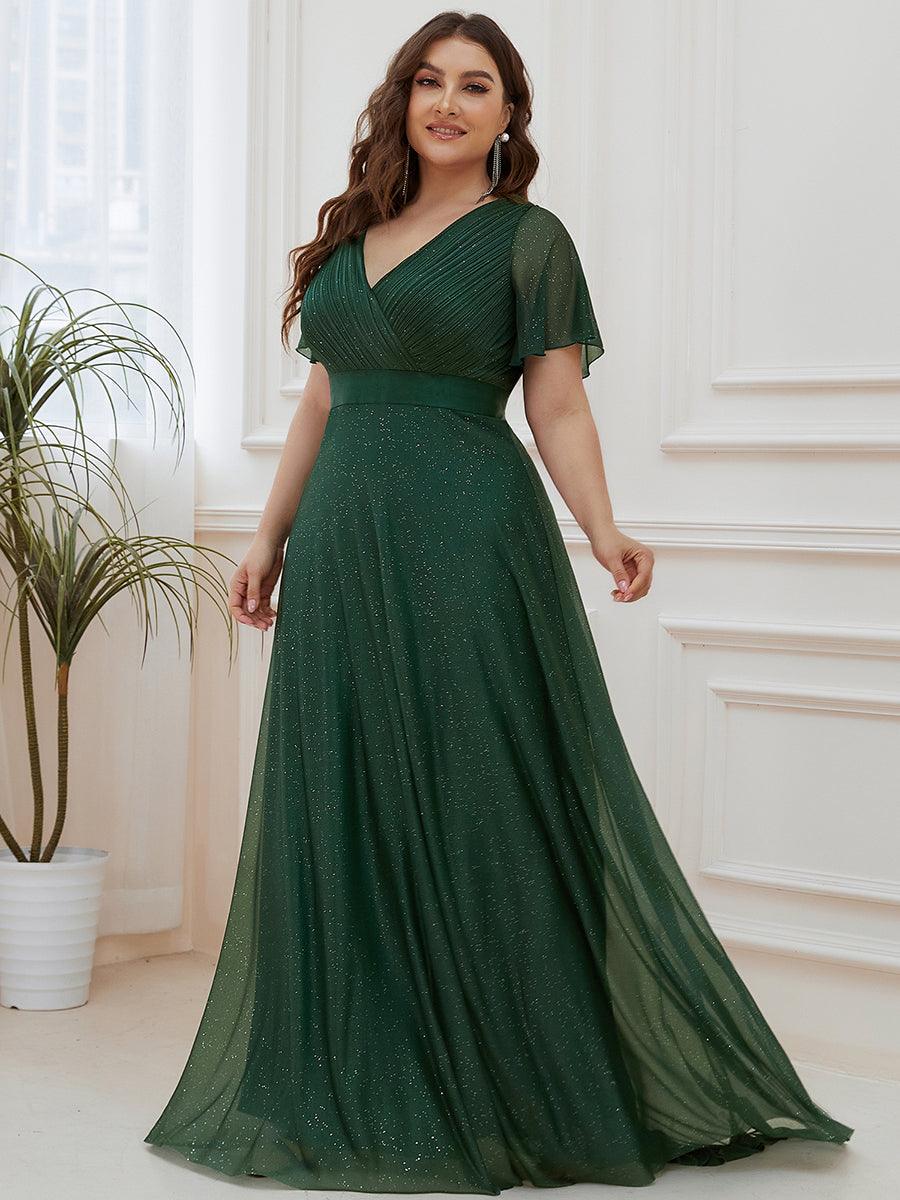 Robe de soirée grande taille manches courtes et col en V #Couleur_Vert Fonce