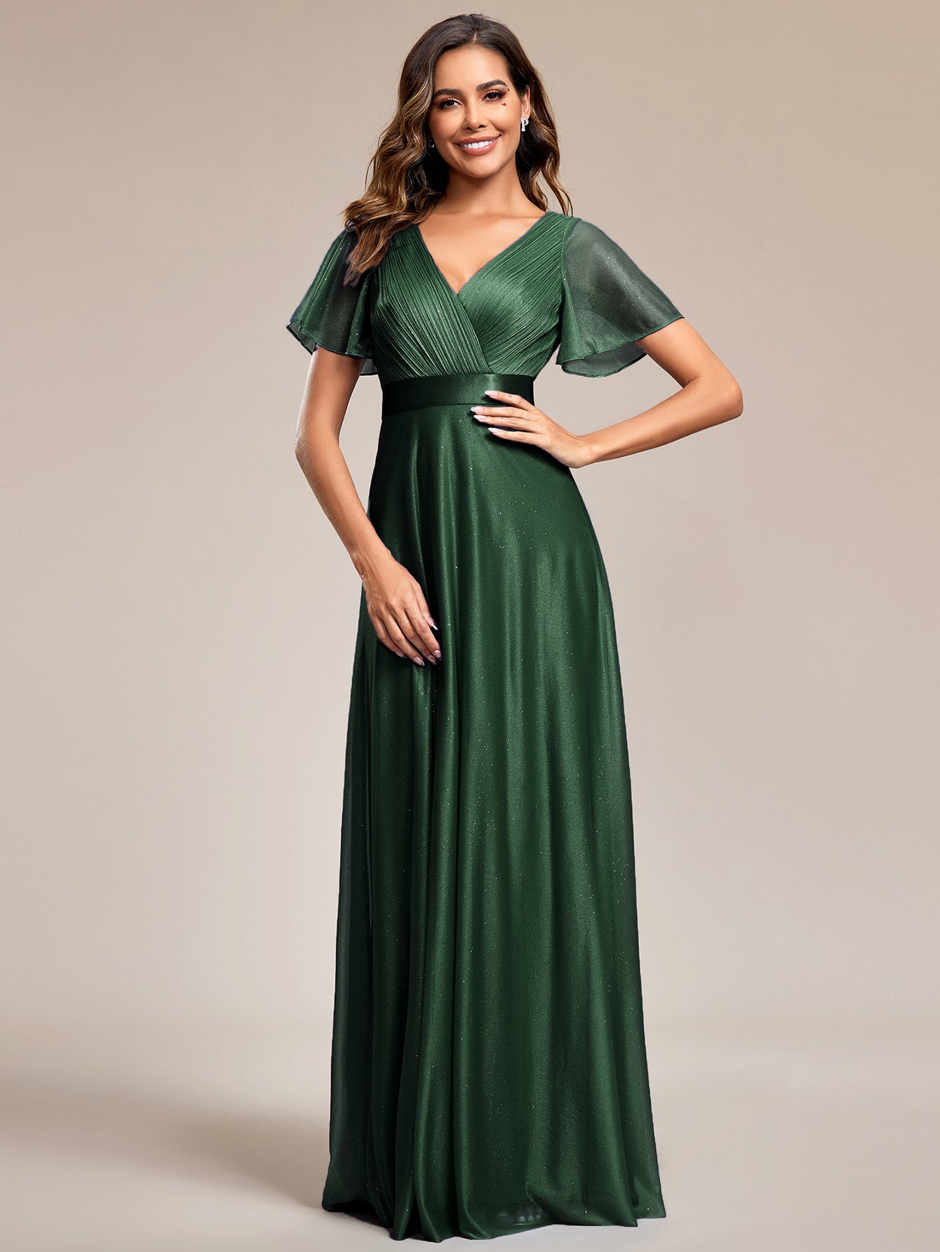 Robe de soirée longue scintillante à col en V et à manches flottantes #Couleur_Vert Fonce