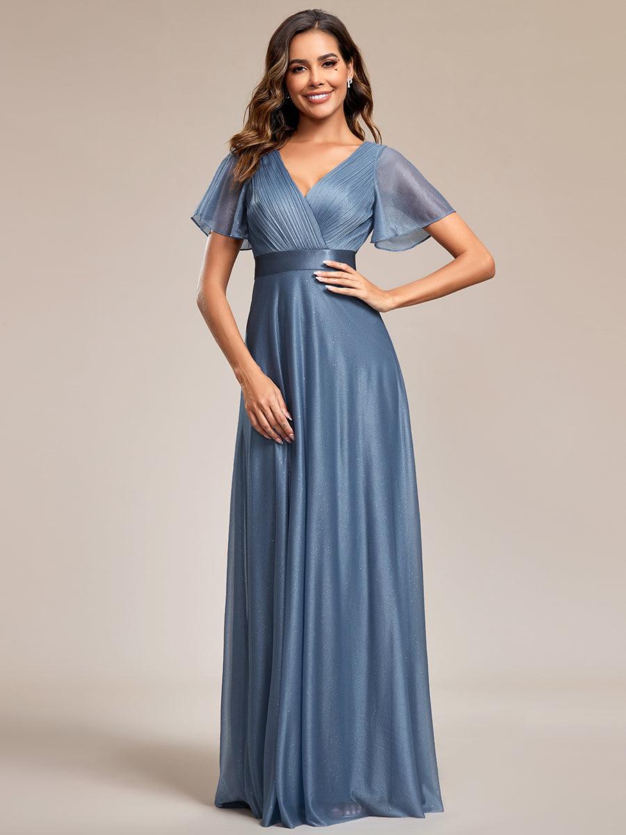 Robe de soirée longue scintillante à col en V et à manches flottantes #Couleur_Marine Fume