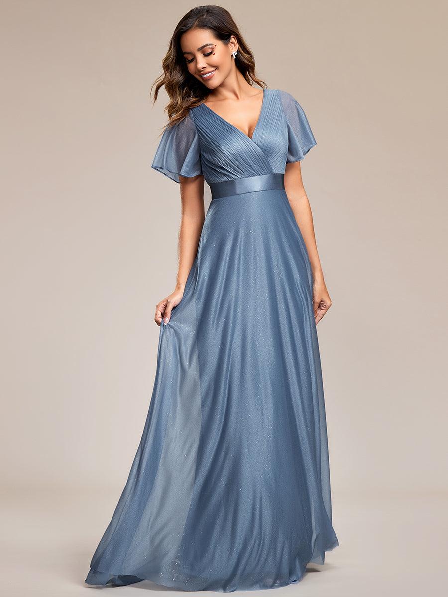 Robe de soirée longue scintillante à col en V et à manches flottantes #Couleur_Marine Fume