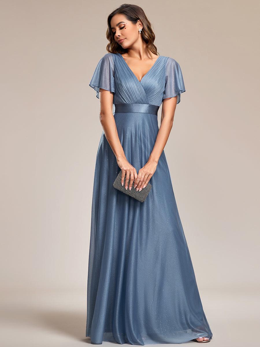 Robe de soirée longue scintillante à col en V et à manches flottantes #Couleur_Marine Fume