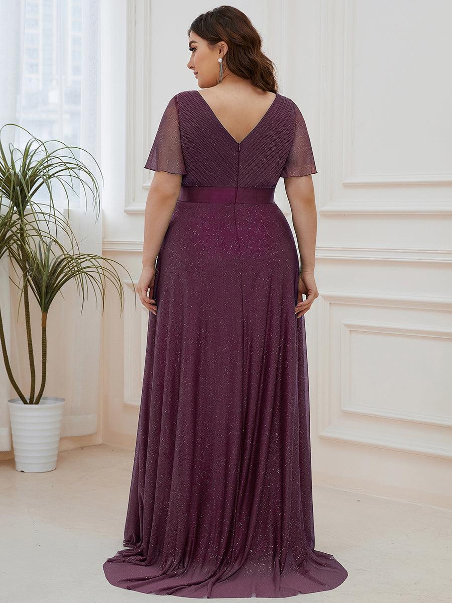 Robe de soirée grande taille manches courtes et col en V #Couleur_Violet Fonce