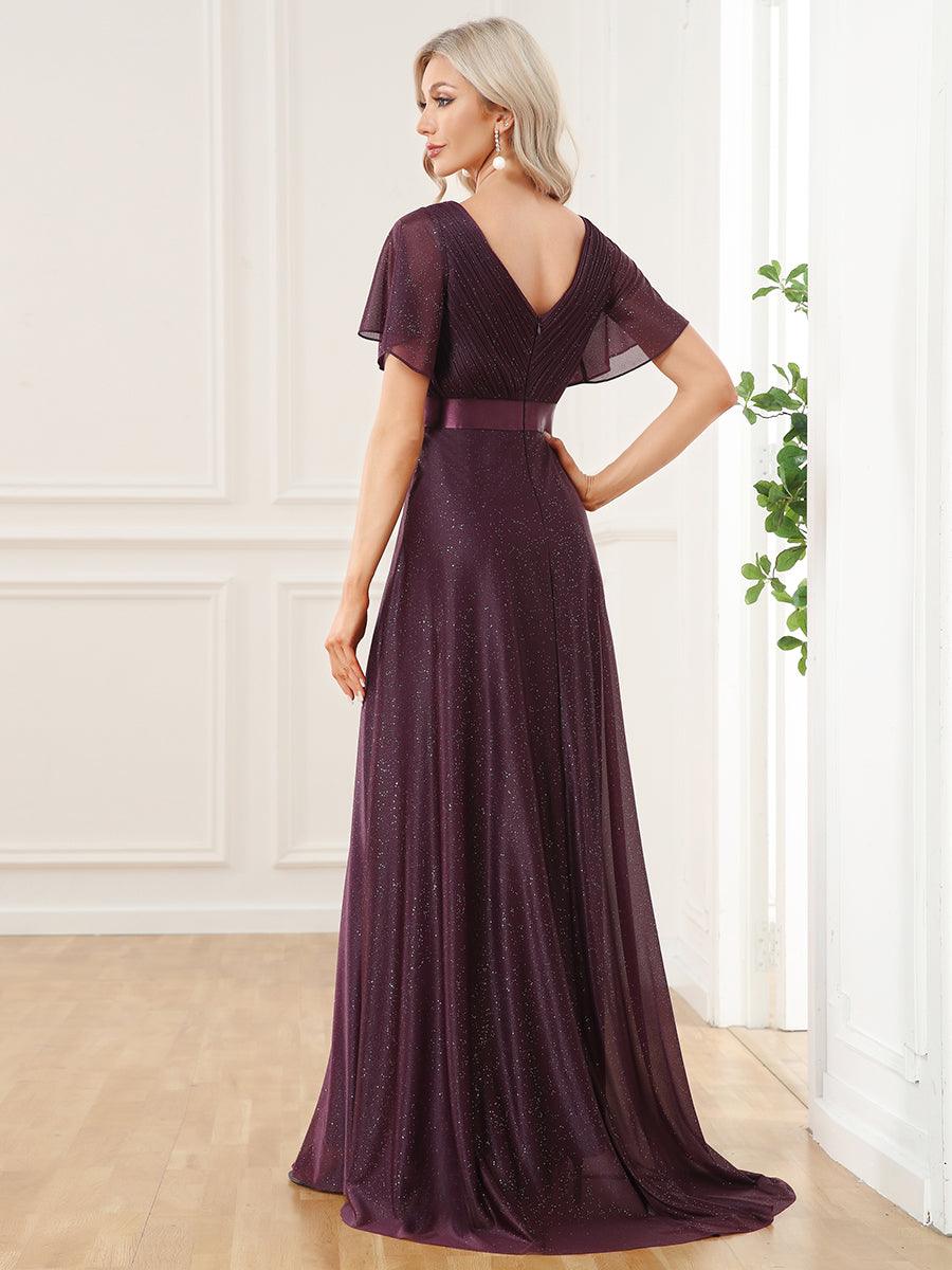 Robe de soirée longue scintillante à col en V et à manches flottantes #Couleur_Violet Fonce