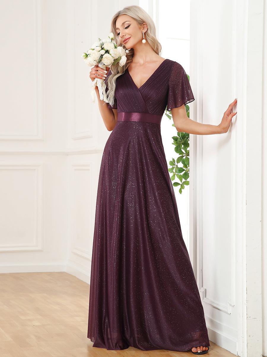 Robe de soirée longue scintillante à col en V et à manches flottantes #Couleur_Violet Fonce
