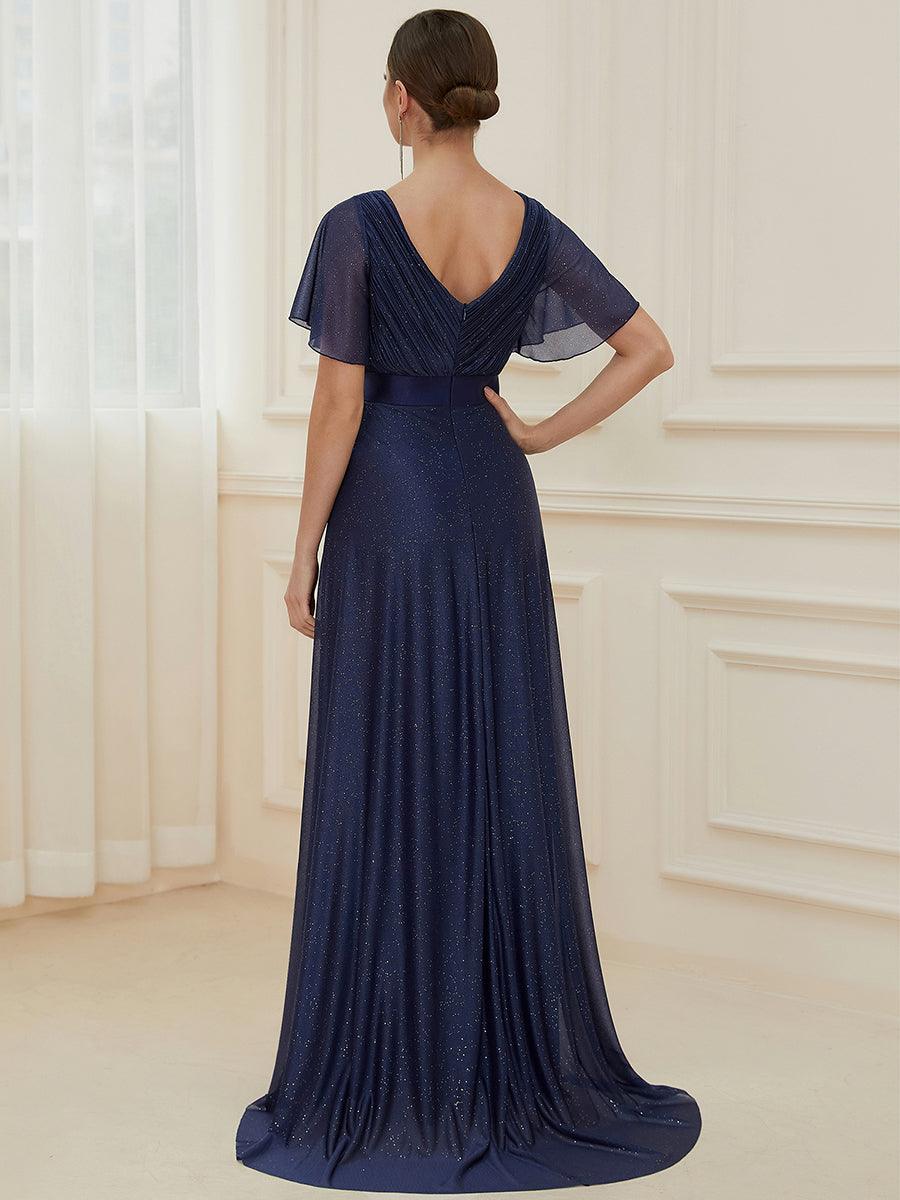 Robe de soirée longue scintillante à col en V et à manches flottantes #Couleur_Bleu Marine